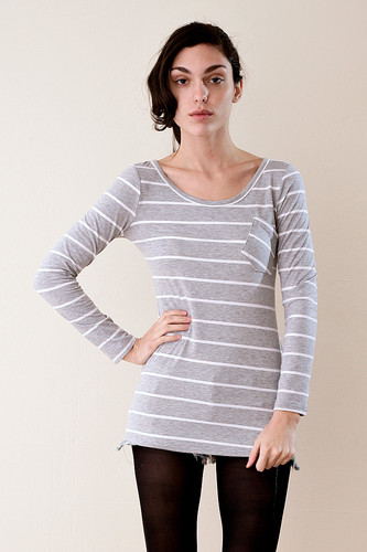 Striped Long Sleeve Tee with Tilted Patch Pocket S