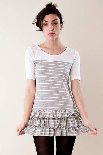 Heather Gray and White Striped Tiered Ruffled Mini Dress S