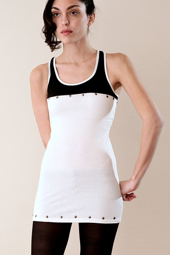 White Black Studded Mini Tank Bodycon Dress Top XS