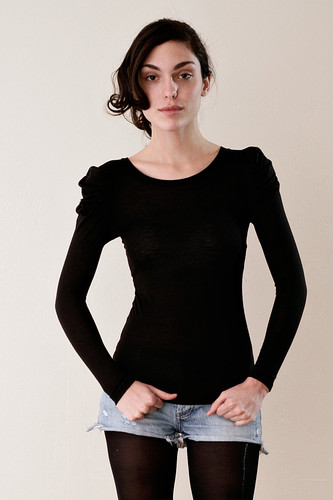 Black Puff Ruffle Shoulders Ultra Skinny Long Sleeves Tee XXS XS