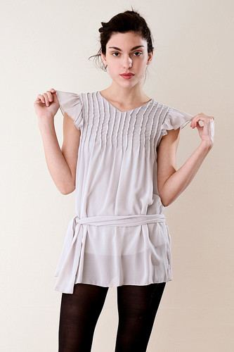 Buttlefly Sleeve Pintuck Baby Doll Mini Dress with Sash XS