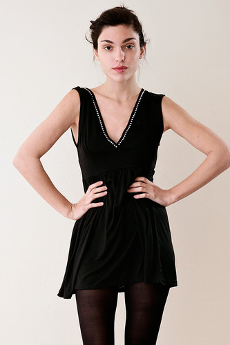 Black V Neck Rhinestone Mini Dress Top S