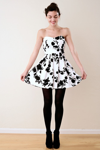 Strapless Padded Black Flower Party Dress S 