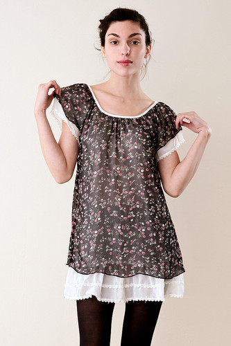 Black Chiffon Baby Doll Mini Dress Flower Print XS S M