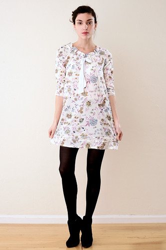 A-Line Pleated Neck Floral Mini Dress Purple S