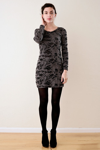 Shredded Long Sleeves Mini Dress Grey (fits S M L)
