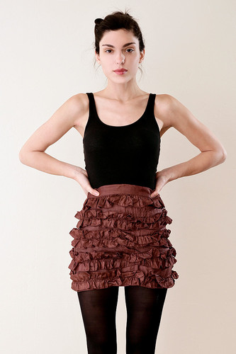 Italian Silk Micro Mini Ruffled Skirt in Rust S 