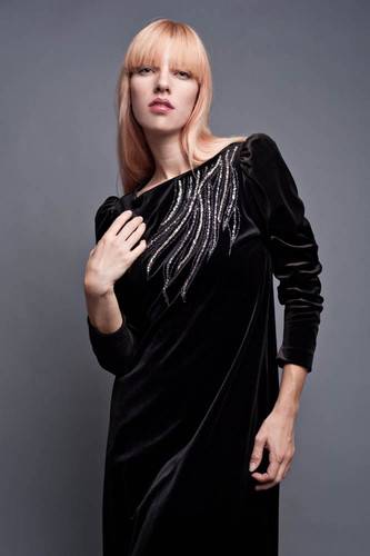 Vintage 70s A-Line Black Velvet Maxi Dress Asymmetrical Glitter Design Long Puffed Sleeves S M (36" Bust)