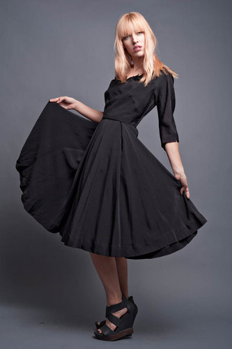 Vintage 40s 50s Party Cocktail LBD Little Black Dress Swing New Look Full Skirt Shelf Bust Half Sleeves S (34" Bust)