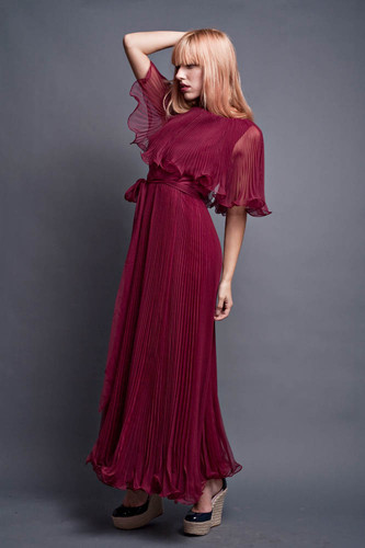 Vintage 70s Flowy Maxi Dress Sheer Burgundy Pleated Ruffles Pleats Cape with Belt Sash M (36" Bust)