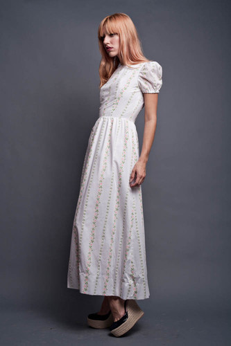 Vintage 70s Baby Doll Maxi Dress Prairie Boho Hippie Puffed Sleeves Textured Polka Dot Floral on White S (35" Bust)