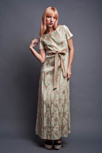 Vintage 60s Maxi Dress Party Cocktail Light Green with Gold Metallic Flower Scroll Cap Sleeves Vogue Paris Original S (34" Bust)