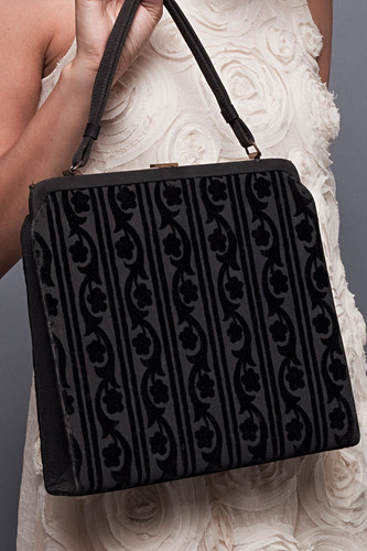 Vintage Purse Black Fabric Velvet Floral Scroll Square Handbag Gold Hardware 10.25"