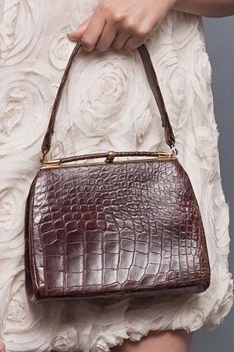 Vintage I. MAGNIN & CO. Genuine Alligator Belly Skin Frame Bag Kelly Purse Brown Gold Hardware