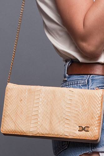 Vintage Convertible Leather Genuine Snake Skin Clutch Envelope Shoulder Bag Gold Chain Tan Yellow S