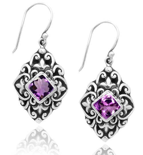 Balinese Design Diamond Shape Drop Sterling Silver Earring With Balinese Design Diamond Shape Drop Sterling Silver Earring With Amethyst