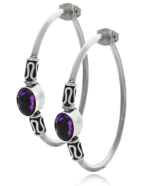 Sterling Silver 925 Large Hoops With Oval Amethyst Earrings