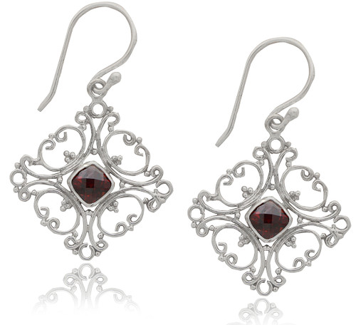 Sterling Silver 925 Filigree Garnet Earrings