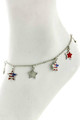 This patriotic star anklet has 5 stars in red, white and blue charms and 3 star charms in American flag. Silverplate.