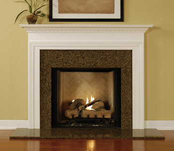 Installed wood mantel with a granite facing kit.