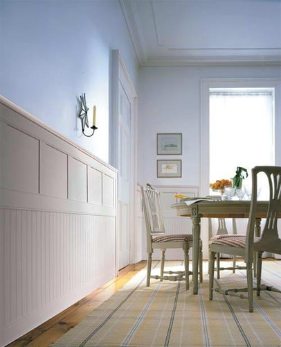 Classic Cottage combines two popular styles of wainscoting in a two-tiered system.  Beadboard at the bottom, topped with either Flat Panel or Raised Paneling in the second tier.