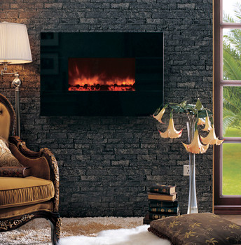 The popularly priced 38" wall mounted electric fireplace has a Crystal Black facing as standard equipment, or you may order it with optional natural stone Facing Frames to customize your room.
