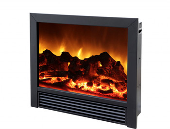 Detailed view of our SD27" Electric Fireplace that comes with wide trim to act as a surround.  Fireplace features electric flame technology and a two stage space heater (5,200 Btu's at High) that will warm up to 400 square feet.  Remote control included.  Inserts into a cabinet, a mantel or into the wall and the surround trim helps conceal the opening. (Flame image enhanced.)
