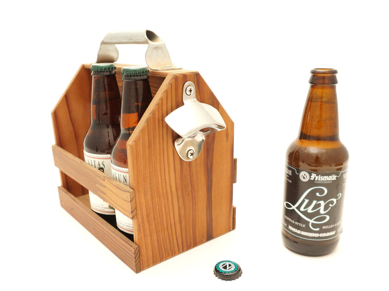 Wood six pack with bottle opener