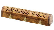 Wooden Coffin Incense Burner - Buddha 12" - Brass Inlays & Storage Compartment