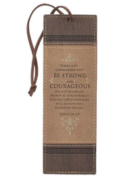Christian Art Gifts Brown Faux Leather Bookmark | Strong and Courageous - Joshua 1:9 Bible Verse Inspirational Bookmark for Men and Women w/Cord Tassel