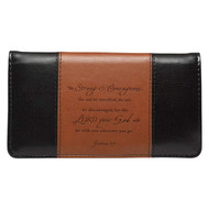 Checkbook Cover for Women & Men ?Strong & Courageous? Christian Black and Tan Wallet, Faux Leather Christian Checkbook Cover for Duplicate Checks & Credit Cards - Joshua 1:9