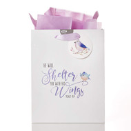 Christian Art Gifts Purple Gift Bag Set | He Will Shelter You Psalm 91:4 Bible Verse | Medium Gift Bag with Tissue Paper for Women