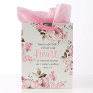 Christian Art Gifts Pink Floral Gift Bag Set | Trust in The Lord Proverbs 3:5 Bible Verse | Medium Gift Bag with Tissue Paper for Women