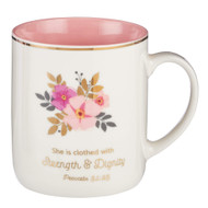 Christian Encouragement Gifts for Women - Pink Coffee Mug with Gold Metallic Accents and Scripture Verse"Strength and Dignity" Proverbs 31:25 Cute Coffee Mug for Women (14-Ounce Ceramic)