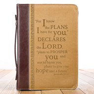 Christian Art Gifts Tan Faux Leather Bible Cover for Men and Women | I Know The Plans - Jeremiah 29:11 | Zippered Case for Bible or Book w/Handle, Large