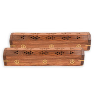 2 Pack - Incense Stick Holder - Coffin Style - Wood Incense Stick Burner with Elephant Inlays (Natural) Handmade with Brass Inlays (Peace)