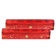 2 Pack - Incense Stick Holder - Coffin Style - Wood Incense Stick Burner with Sun Moon Star Inlays Handmade with Brass Inlays (Red)