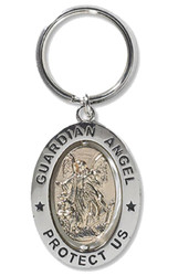 Religious Gifts Guardian Angel 3 1/4" Zinc Alloy Silver Plate Revolving Dual Tone Key Ring with Prayer