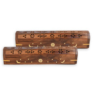 2 Pack - Incense Stick Holder - Coffin Style - Wood Incense Stick Burner with Sun Moon Star Inlays Handmade with Brass Inlays (Natural)