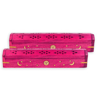 2 Pack - Incense Stick Holder - Coffin Style - Wood Incense Stick Burner with Sun Moon Star Inlays Handmade with Brass Inlays (Pink)