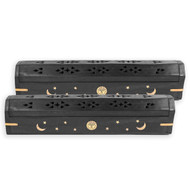 2 Pack - Incense Stick Holder - Coffin Style - Wood Incense Stick Burner with Sun Moon Star Inlays Handmade with Brass Inlays (Black)