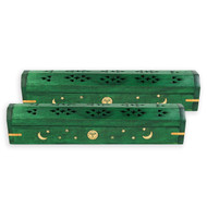 2 Pack Incense Stick Holder Coffin Style with Sun Moon Star Inlays (Green)