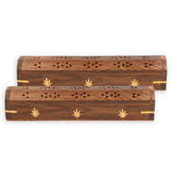 2 Pack - Incense Stick Holder - Coffin Style - Wood Incense Stick Burner with Elephant Inlays (Natural) Handmade with Brass Inlays (Kush)