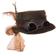 Jacobson Hat Company Deluxe Velvet 4.25 Inch Steampunk Top Hat With Removable Goggles (Brown), One Size