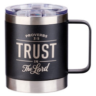 Christian Art Gifts Trust In The Lord Stainless Steel Black Mug with Proverbs 3:5 - Camp Style Travel Mug, Christian Mug for Men (11oz Double Wall Vacuum Insulated Coffee Mug with Lid and Handle)
