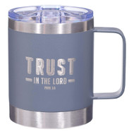 Christian Art Gifts Trust In The Lord Stainless Steel Grey Mug w/Proverbs 3:5 - Camp Style Travel Mug, Christian Mug for Women/Men (11oz Double Wall Vacuum Insulated Coffee Mug with Lid and Handle)