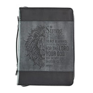 Christian Art Gifts Classic Faux Leather Bible Cover for Men and Women: Be Strong and Courageous - Joshua 1:9 Inspirational Bible Verse with Lion, Gray and Black, XL