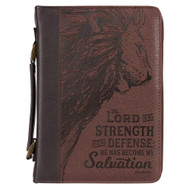 Christian Art Gifts Men's Classic Bible Cover The Lord is My Strength Lion Exodus 15:2, Brown Faux Leather, Medium