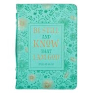 Christian Art Gifts Women's Fashion Bible Cover Be Still and Know Psalm 46:10, Turquoise/Gold Floral Faux Leather, Medium