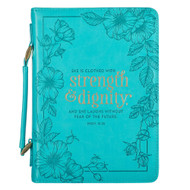 Christian Art Gifts Women's Fashion Bible Cover Strength and Dignity Proverbs 31:25, Teal Faux Leather, XL